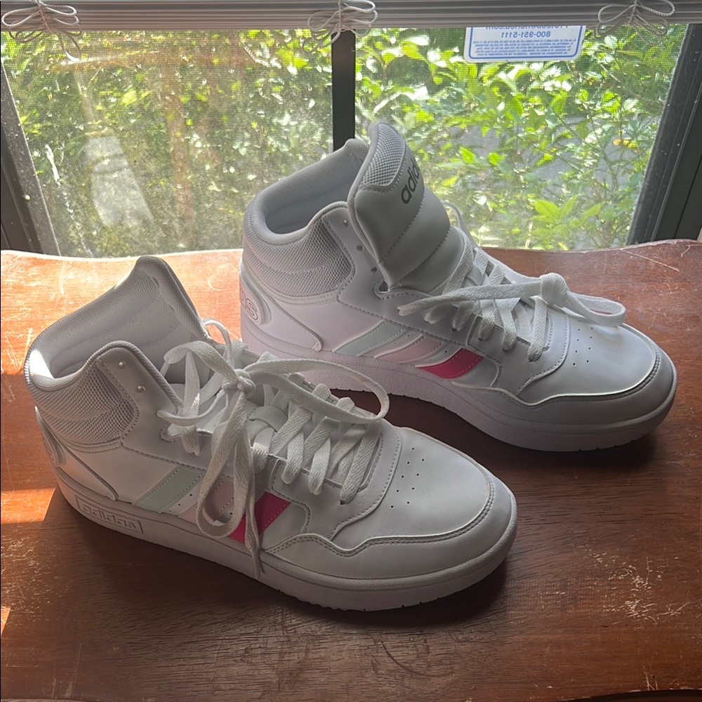 Women's Adidas White High-Tops with Pink and Green Accents, Size 9
